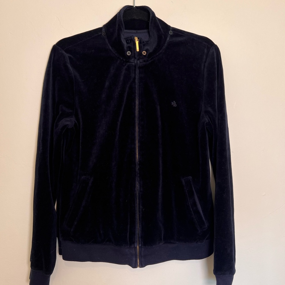 Women Lauren Ralph Lauren Velour Track Jacket Full Zip Navy Logo Y2K Athleisure